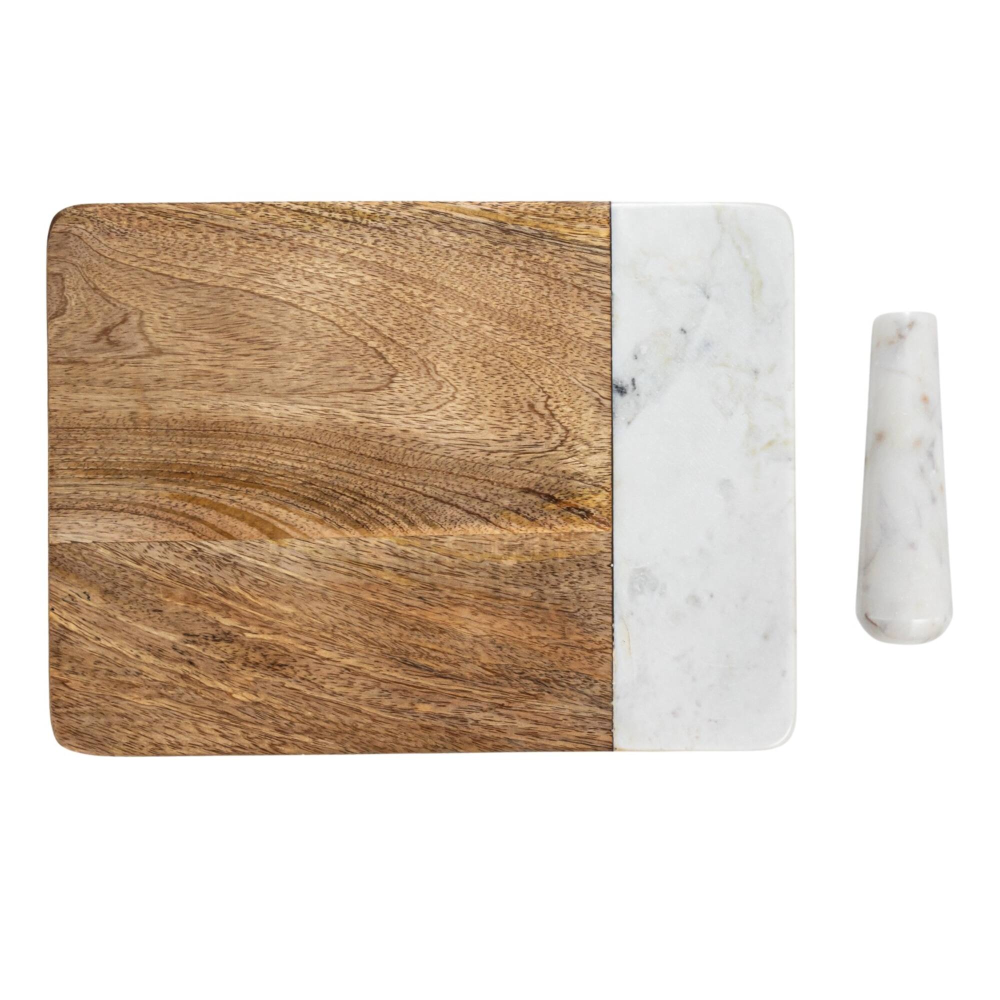 Hello Honey® Natural & White Mango Wood & Marble Cheese & Cutting Board with Inlaid Pestle